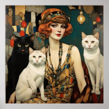 Vintage Hübsche Frau mit schwarzen und weißen Katz
