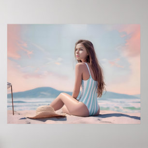 Vintage hübsche Frau sitzt auf dem Sandstrand Poster