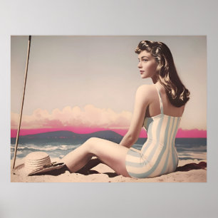Vintage hübsche Frau sitzt im Sand am Strand Poster