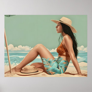 Vintage Hübsche Frauen sitzen am Strand Poster