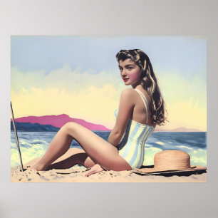 Vintage Hübsche Frauen sitzen am Strand Poster