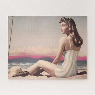 Vintage Hübsche Frauen sitzen am Strand Puzzle