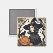 Vintage Hübsche Halloween-Hexe mit Schwarzen Katze Magnet (Vorderseite/Rückseite)