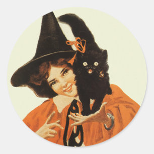 Vintage Hübsche Hexe mit süßer schwarzer Katze Runder Aufkleber