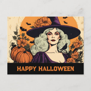 Vintage hübsche Hexenfrau Blumen Frohes Halloween Postkarte