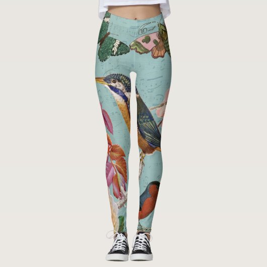Vintage hübsche Sommerschmetterlingsvögel in Blume Leggings (Vorderseite)