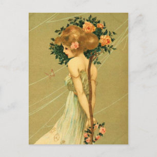 Vintage hübsches Mädchen mit rosa Rosen und Schmet Postkarte