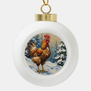 Vintage-Huhn im schneebedeckten Weihnachtswunderla Keramik Kugel-Ornament