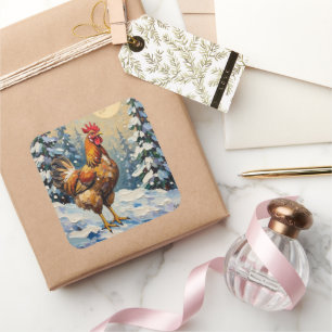 Vintage-Huhn im schneebedeckten Weihnachtswunderla Quadratischer Aufkleber