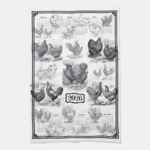 Vintage-Hühner 2026 Kalender Geschirrtuch