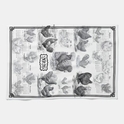 Vintage Hühner - Kalender 2026 Geschirrtuch (Horizontal)
