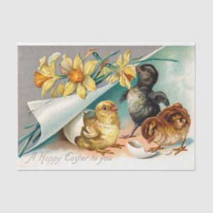 Vintage Hühner mit gelben Blumen Ostergrauen Seidenpapier