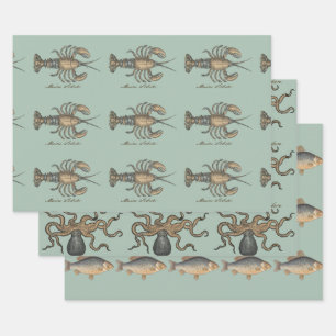 Vintage-Hummer-Illustration: Küsten-Damaskus  Geschenkpapier Set