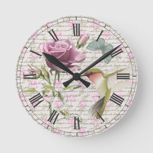 Vintage Hummingbird Butterfly and Rose Runde Wanduhr (Vorderseite)