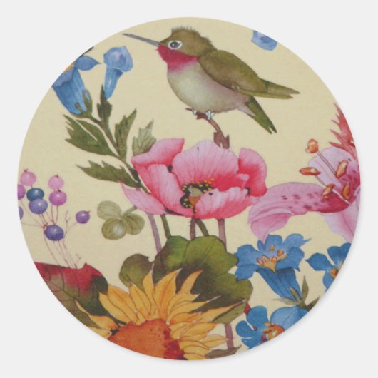 Vintage Hummingbird Friends Wilde Blume Runder Aufkleber (Vorderseite)