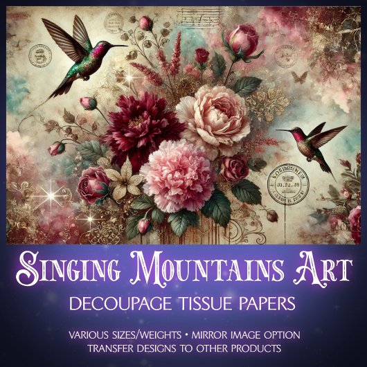 Vintage Hummingbirds Floral Collage Decoupage Seidenpapier