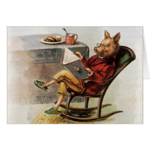 Vintage Humor, Schwein im Schaukelstuhl liest ein