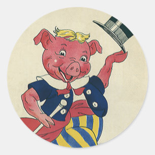 Vintage Humor, süßes glückliches tanzendes Schwein Runder Aufkleber