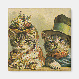 Vintage Humor, Victorian Bride Groom Cats in Hats Magnet