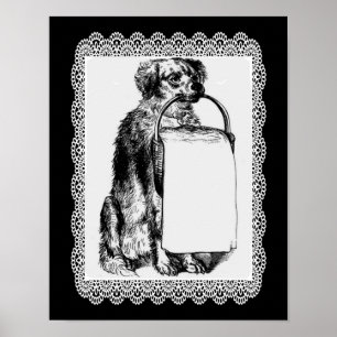 Vintage-Hund mit Korb Bleistiftkunst Poster