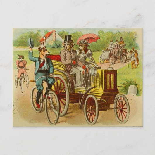 Vintage Hunde, die Fahrräder und Auto-Postkarte Postkarte (Vorderseite)