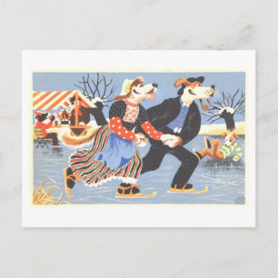 Vintage Hunde Eislaufen Winter Postkarte