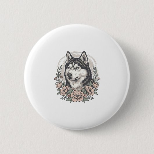 Vintage-Husky-Blumenportrait-Shirt-Design_1 Button (Vorderseite)