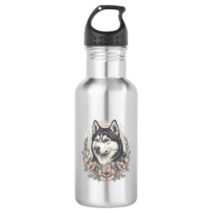 Vintage-Husky-Blumenportrait-Shirt-Design_1 Edelstahlflasche