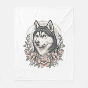 Vintage-Husky-Blumenportrait-Shirt-Design_1 Fleecedecke