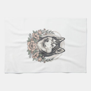 Vintage-Husky-Blumenportrait-Shirt-Design_1 Geschirrtuch