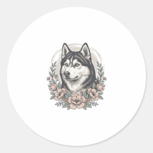 Vintage-Husky-Blumenportrait-Shirt-Design_1 Runder Aufkleber