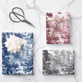 Vintage Hütte Landschaft Toile Blau, Rosa, Schwarz Geschenkpapier Set