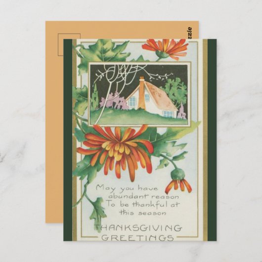 Vintage Hütte und Chrysanthemas Erntedank Postkarte (Vorne/Hinten)