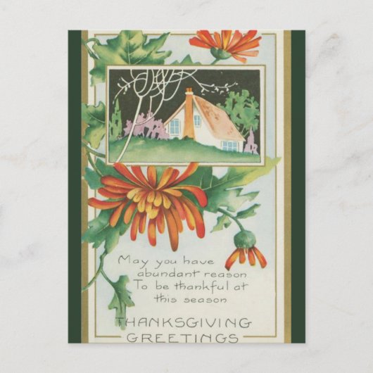 Vintage Hütte und Chrysanthemas Erntedank Postkarte (Vorderseite)