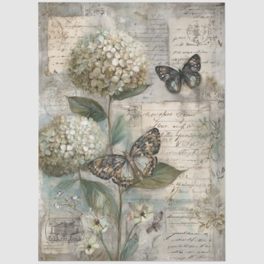 Vintage Hydrangea & Butterfly Ephemera Decoupage Seidenpapier (Vorderseite)