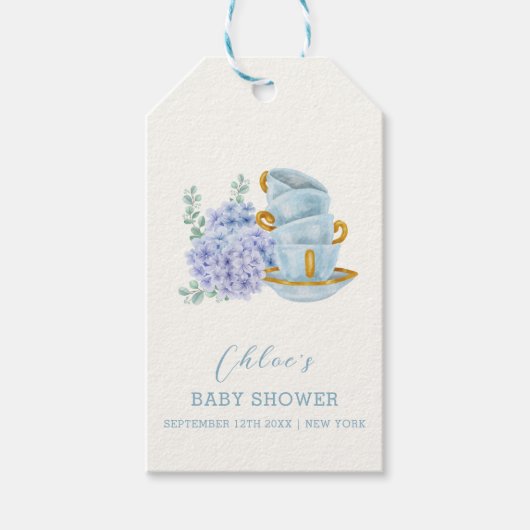 Vintage Hydrangea Tea Brewing Baby Dusche Geschenkanhänger (Vorderseite)
