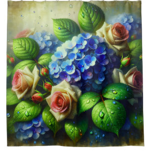 "Vintage Hydrangeas und Rose in Regen" Duschvorhang