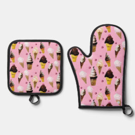 Vintage Ice Cream Parlor Watercolor Retro Pink Ofenhandschuh & Topflappen-Set