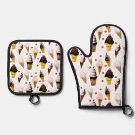 Vintage Ice Cream Parlor Watercolor Retro Pink Ov Ofenhandschuh & Topflappen-Set