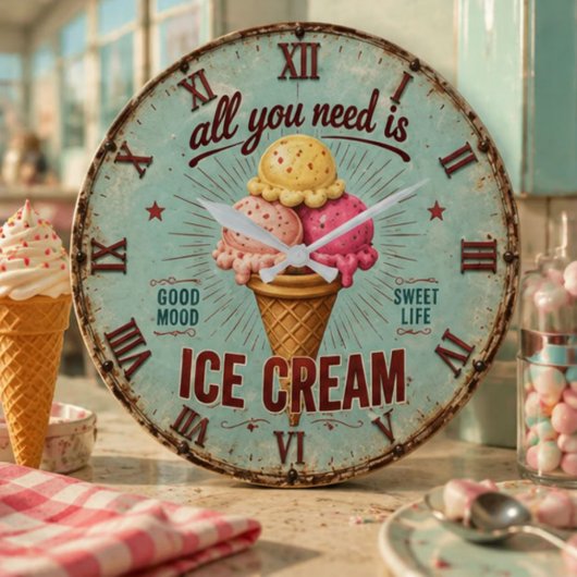 Vintage Ice Cream Retro Kitchen  Große Wanduhr