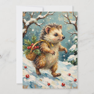 Vintage Igel mit Weihnachtsbeerkorb Feiertagskarte
