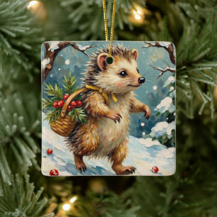 Vintage-Igel mit Weihnachtsbeerkorb Keramikornament