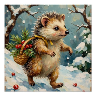 Vintage-Igel mit Weihnachtsbeerkorb Poster