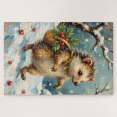 Vintage-Igel mit Weihnachtsbeerkorb Puzzle (Horizontal)