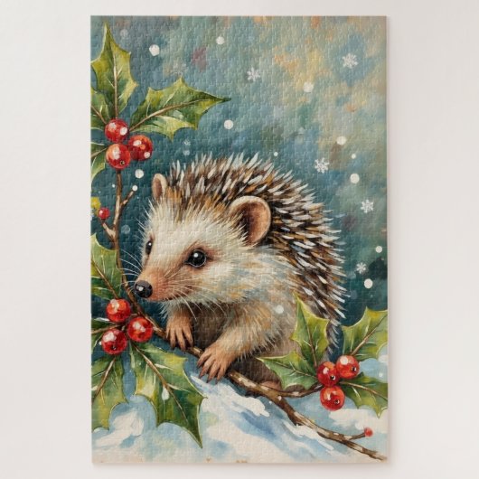 Vintage-Igel unter Weihnachts-Stechpalme Puzzle (Vertikal)