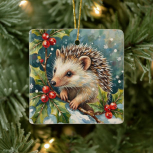 Vintage-Igel unter Weihnachtsholly Keramikornament