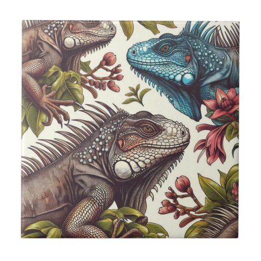 Vintage Iguana Nahtlose Malerei Fliese (Vorderseite)
