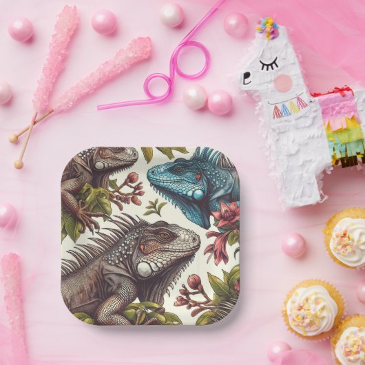 Vintage Iguana Nahtlose Malerei Pappteller (Party)