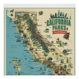 Vintage Illustrated California Parks Map Art Poster