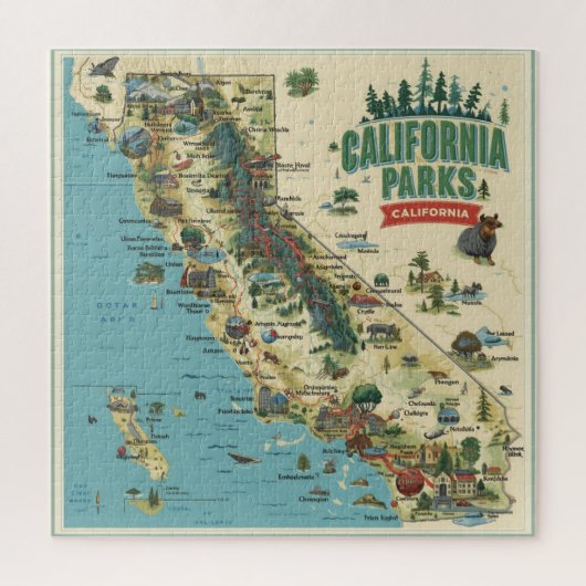 Vintage Illustrated California Parks Map Art Puzzle (Vertikal)